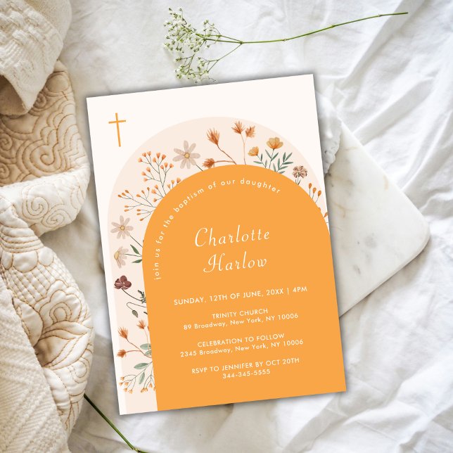 Fall Boho Blommigt WildblomArch Kor Baptism Inbjudningar (Fall Boho Floral Wildflower Arch Cross Baptism Invitation)