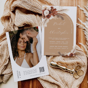 Fall Boho Bröllop Pampas Grass Arch-fotot QR-kod Inbjudningar