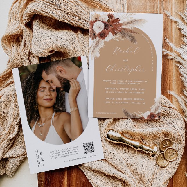 Fall Boho Bröllop Pampas Grass Arch-fotot QR-kod Inbjudningar (Skapare uppladdad)