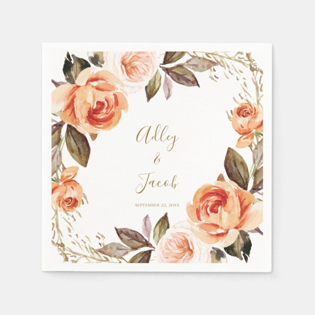Fall Boho Burnt Orange Blommigt Bröllop Napkins Pappersservett (Framsidan)