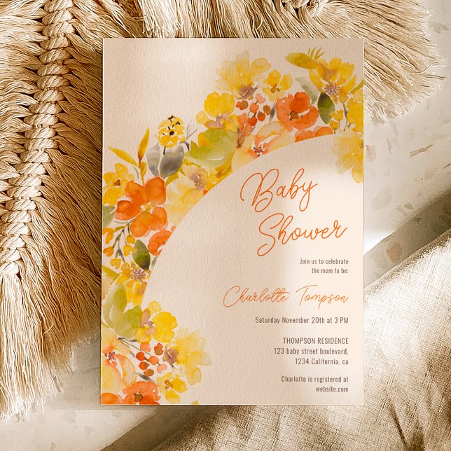 Fall boho gula blommor manusdusch inbjudningar (Fall boho yellow flowers script baby shower invitation on ivory)