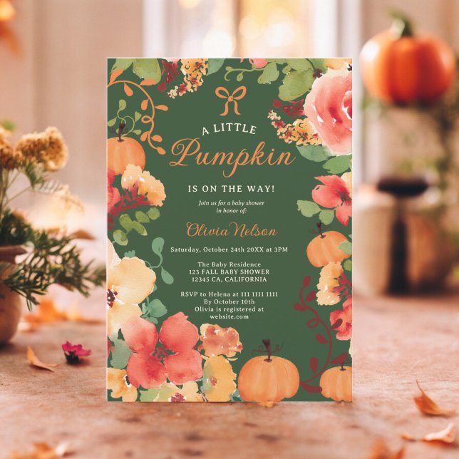 Fall Boho Little pumpkin grönt blommigt babydusch Inbjudningar (Fall Boho Little pumpkin green floral baby shower Invitation)