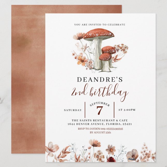 Fall Boho Mushroom Första födelsedagsinbjudan Inbjudningar (Fram/baksida)