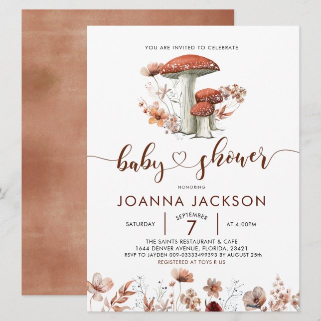 Fall Boho Mushroom Fungi Baby Shower-inbjudan Inbjudningar (Fram/baksida)