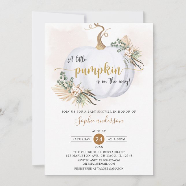 Fall Boho Pampas Grass Little Pumpkin Baby Shower Inbjudningar (Framsida)