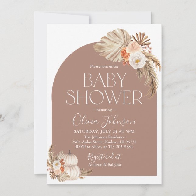 Fall Boho Pampas Grass Pumpkin Baby Shower Inbjuda Inbjudningar (Framsida)