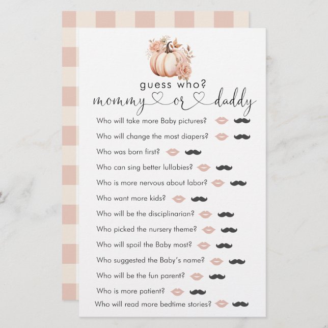 Fall Boho Pumpkin Baby Shower "Gissa vem" Game (Fram/baksida)