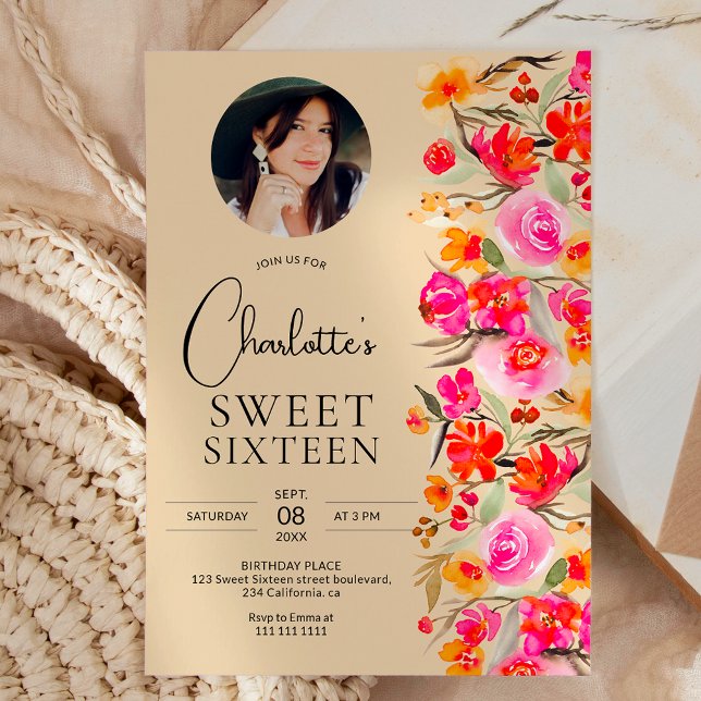 Fall boho red orange blommigt foto Sweet 16 Inbjudningar (Fall boho red orange floral photo Sweet 16 Invitation on yellow)