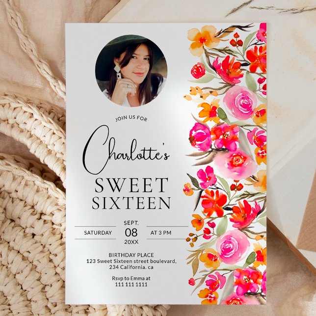 Fall boho red orange blommigt foto Sweet 16 Inbjudningar (Fall boho red orange floral photo Sweet 16 Invitation)
