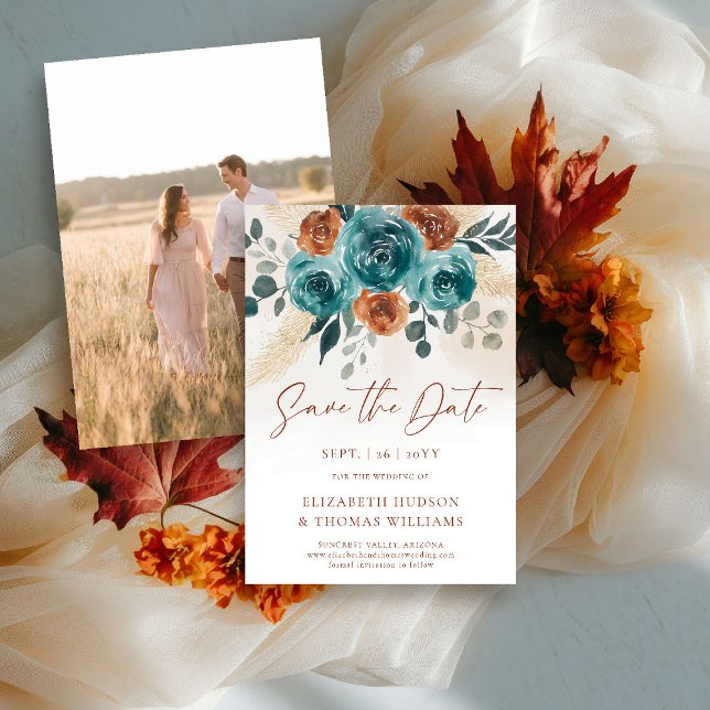 Fall Boho Terracotta Blommigt Bröllop spara datum Spara Datumet (fall wedding save the date engagement photo teal burnt orange terracotta watercolor greenery foliage)