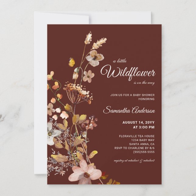 Fall Boho Wildblommor Burgundy Baby Shower Inbjudningar (Framsida)