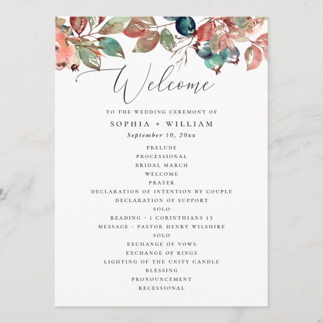 Fall Botanical Wedding | Watercolor Berry Leaves Program (Framsida)