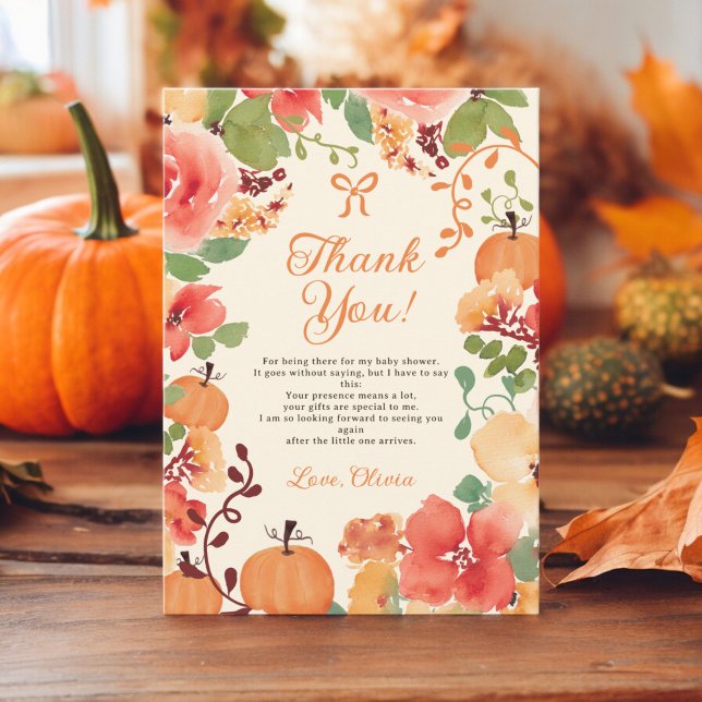 Fall Bow Boho pumkin blommigt-grädddusch för barn  Tack Kort (Fall Bow Boho pumpkin floral cream baby shower Thank You Card)