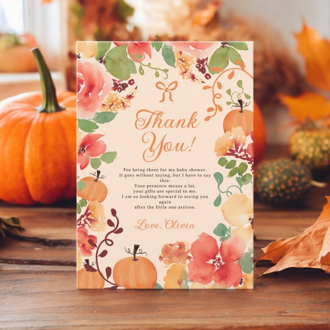Fall Bow Boho pumkin blommigt Peach babydusch Tack Kort (Fall Bow Boho Little pumpkin floral baby shower Thank You Card on peach)