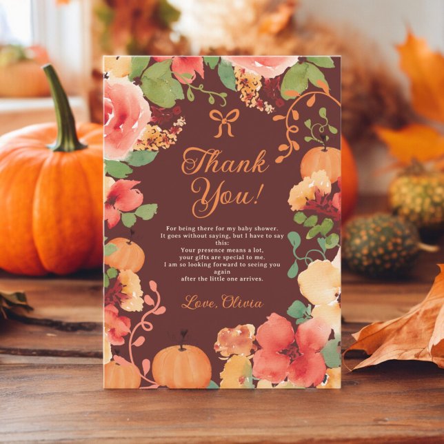Fall Bow Boho pumkin blommigt Red Baby duscha Tack Kort (Fall Bow Boho Little pumpkin floral baby shower Thank You Card on burgundy)