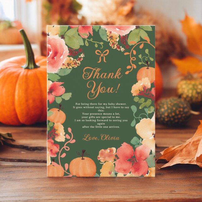 Fall Bow Boho-pumpdockans grönt-babydusch för blom Tack Kort (Fall Bow Boho Little pumpkin floral baby shower Thank You Card on green)