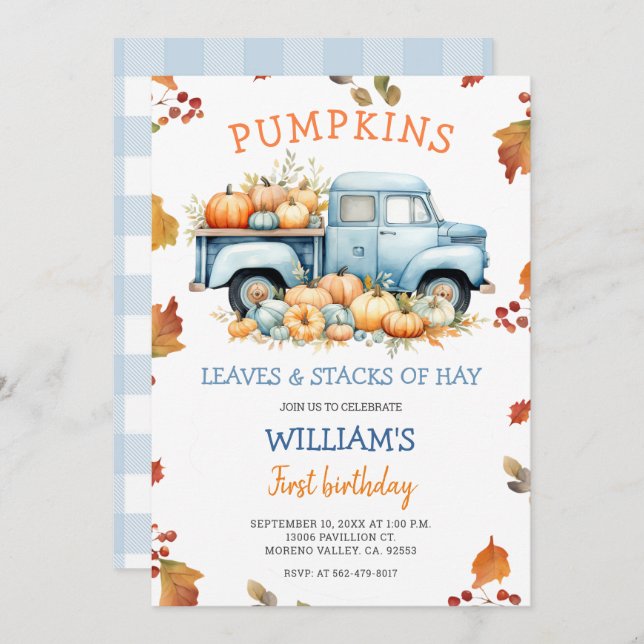 Fall Boy Pumpkin Dusty Blue lastbil födelsedag Hös Inbjudningar (Fram/baksida)