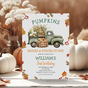 Fall Boy Pumpkin Sage Grönt Lastbil Birthday Autum Inbjudningar