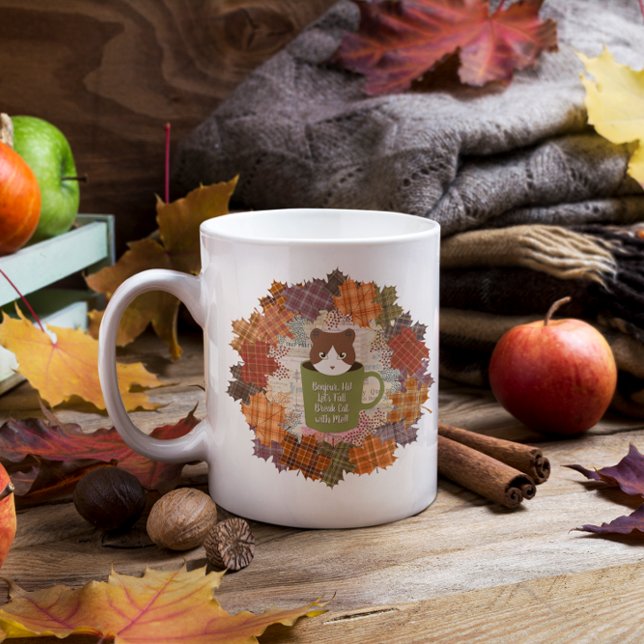 Fall Break Cat Jumbo Mugg (A Fall Break Cat Large Coffee Mug on the Fall Table.)