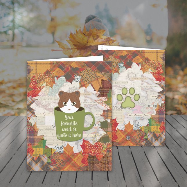Fall Break Cat-mappat Helgdag-kort Helgkort (The Fall Break Cat Folded Holiday Cards are above the table in the autumn forest. )