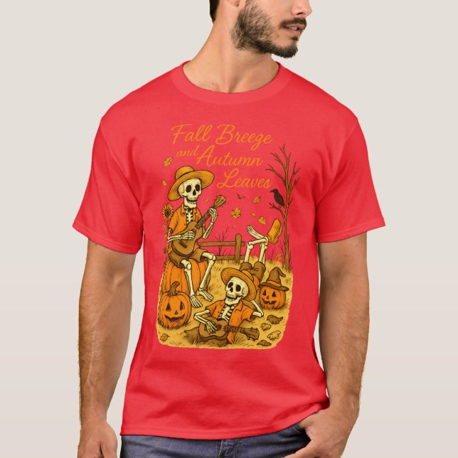 Fall Breeze and Autumn Leaves Skeleton Pumpkin Spi T Shirt (Framsida)