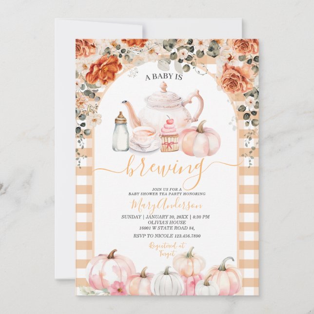 Fall Brev Rosa Blommigt Tea Party Baby Shower Inbjudningar (Framsida)