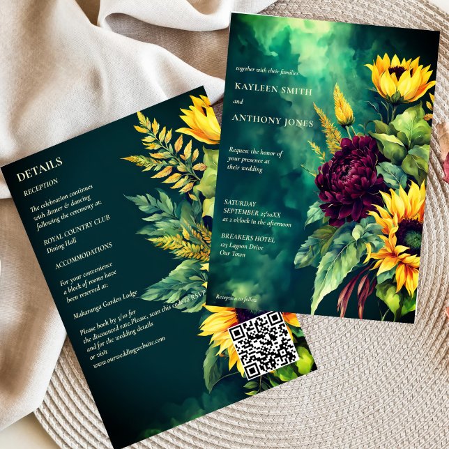 Fall bröllopsblommor i en grönt inbjudningar (Fall wedding emerald green rustic yellow burgundy sunflowers all in one invitation template digital)