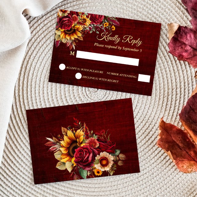 Fall bröllopsburgundy ro gult solblommor OSA kort (Fall wedding burgundy roses yellow sunflowers RSVP card wedding invitation suite)