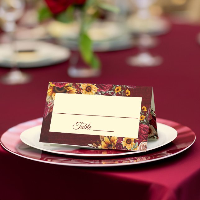 Fall bröllopsburgundy ro gult solblommor placeringskort (Fall wedding rustic burgundy roses yellow sunflowers place card personalized reception table decor)