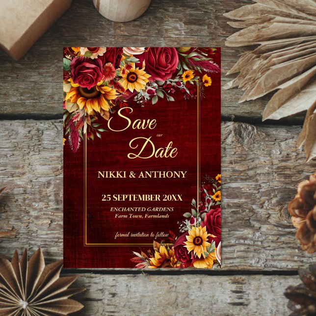 Fall bröllopsburgundy ro gult solblommor spara datumet (Fall wedding burgundy roses yellow sunflowers save the date qr website template digital download)