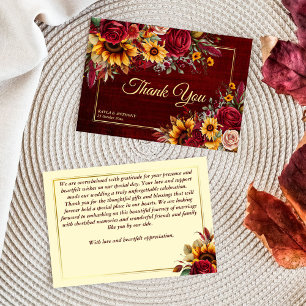Fall bröllopsburgundy ro gult solblommor tack kort