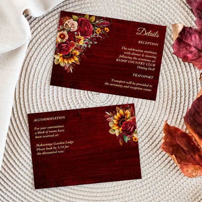 Fall bröllopsburgundy ro gult solblommor tilläggskort (Fall wedding burgundy roses yellow sunflowers wedding details enclosure card invitation suite)