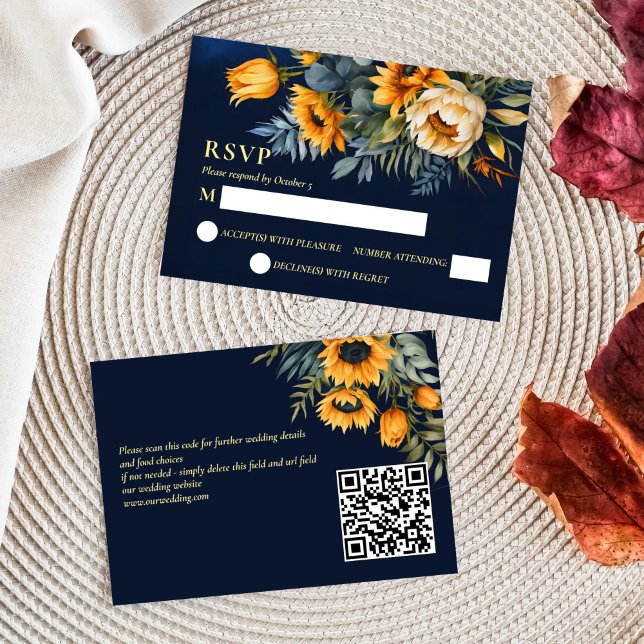 Fall bröllopsmarin blå rustig solros OSA kort (Fall Summer wedding navy blue rustic sunflowers qr RSVP cards moody dark blue yellow )