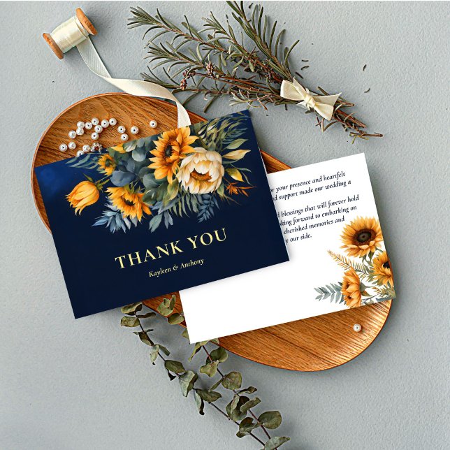 Fall bröllopsmarin blå rustig solros tack kort (Fall wedding navy blue rustic sunflower thank you cards floral yellow blue thank you cards)
