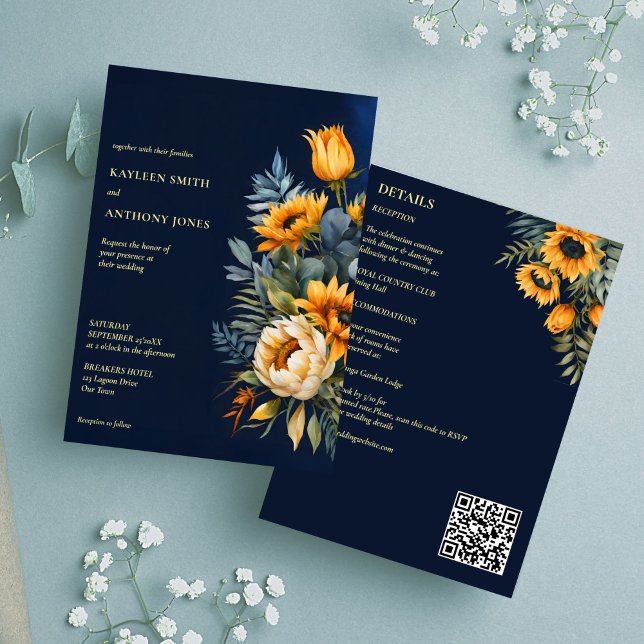 Fall bröllopsmarin blå rustig solrosa i ett enda inbjudningar (Fall wedding navy blue rustic sunflower all in one invitation editable template digital dowbload)