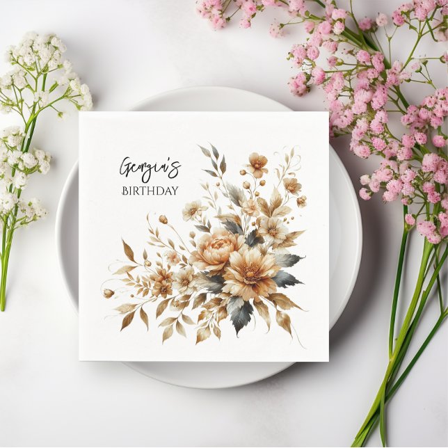 Fall Brown Blommigt Elegant födelsedagsfest Pappersservett (Fall Brown Floral Elegant Birthday Party Paper Napkins.  Celebrate your birthday beautifully!!)