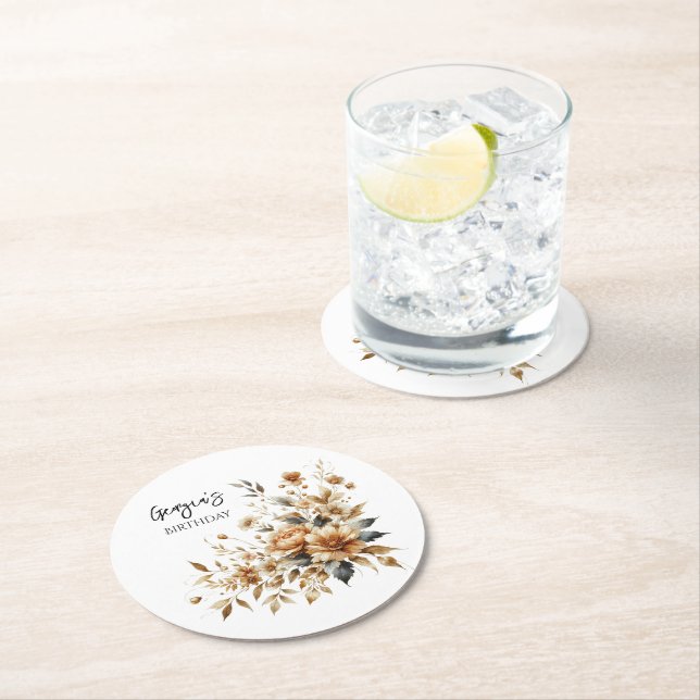 Fall Brown Blommigt Elegant födelsedagsfest Underlägg Papper Rund (Insitu)