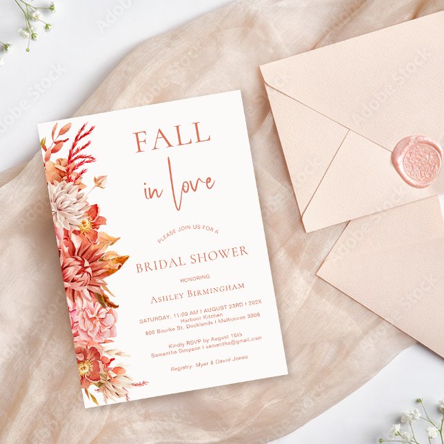 Fall Brown Blommigt i Kärlek Möhippa Inbjudningar (Fall in Love Bridal Shower Invitation Template, Warm Brown Floral Fall Bridal Shower Invitation)
