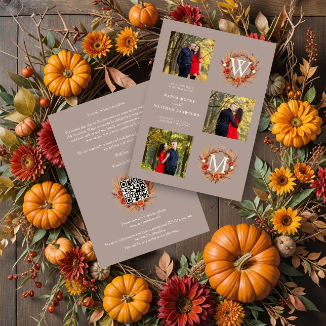 Fall Brown Gold Exquisite Modern 3 Wedding Photos Spara Datumet (Brown Gold Exquisite Modern Fall Wreath 3 Photos Wedding Engagement Collage Save the Dates Cards.)