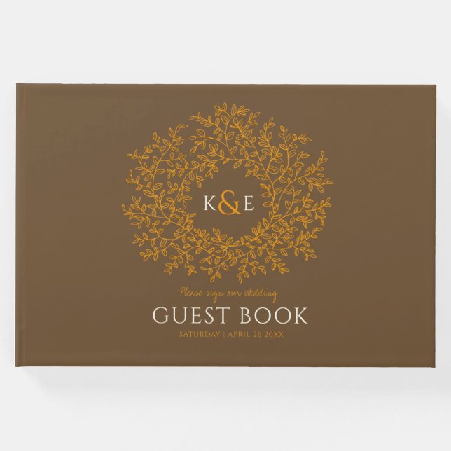 Fall brun benvit orange löv monogram bröllop gästböcker (Framsida)