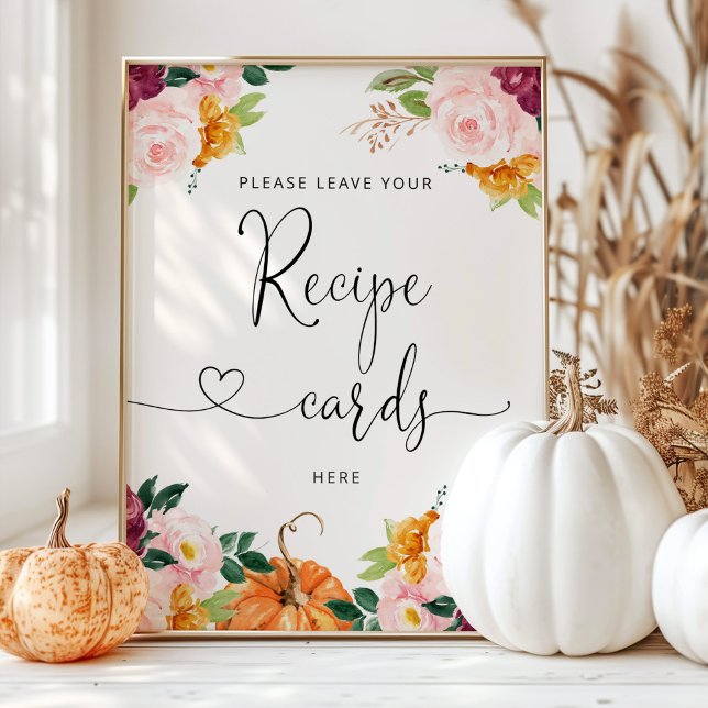 Fall burgundisk blommigt lämnar receptkortet här poster (Skapare uppladdad)