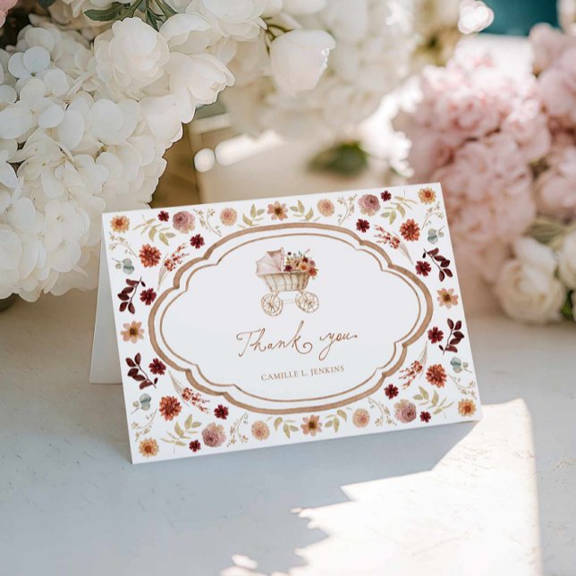 Fall Burgundy Blommigt Baby Shower Tack Kort (Fall Burgundy Terracotta Floral Baby Shower Thank you card)