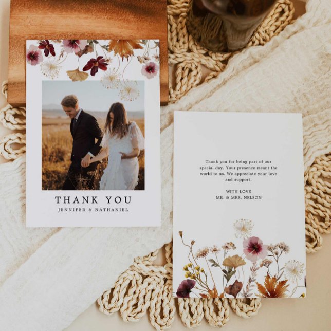 Fall Burgundy Blommigt Boho Bröllop Photo Tack Kort (Fall Burgundy Floral Wedding Thank you Card)