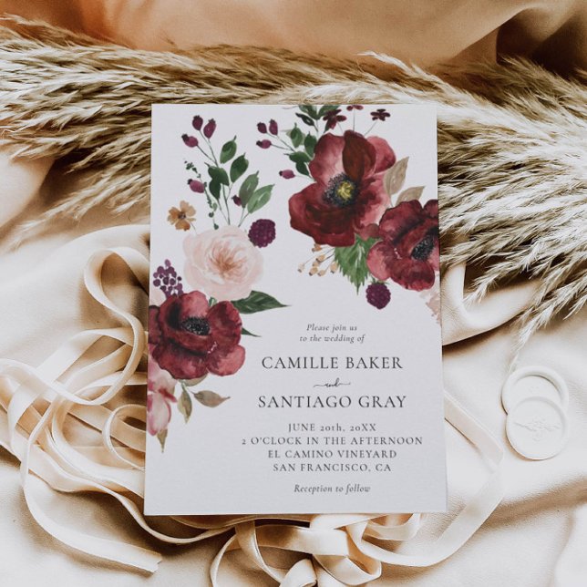 Fall Burgundy Blommigt Photo Wedding-inbjudan Inbjudningar (Skapare uppladdad)