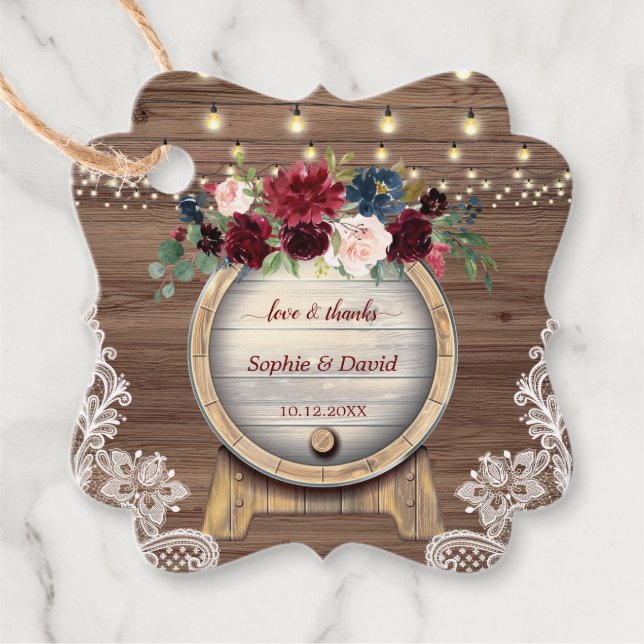 Fall Burgundy Blommigt Vin Barrel Vineyard Bröllop Gåvor Etiketter (Framsida)