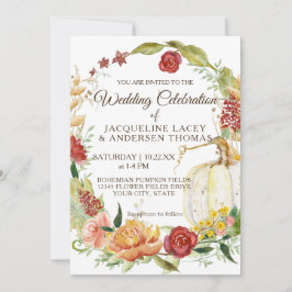 Fall Burgundy Blommigt Vit Pumpkin Wandeand Bröllo Inbjudningar