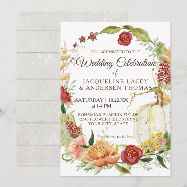 Fall Burgundy Blommigt Vit Pumpkin Wandeand Bröllo Inbjudningar (Fram/baksida)
