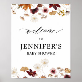 Fall Burgundy Boho Blommigt Baby Shower Välkomstsk Poster