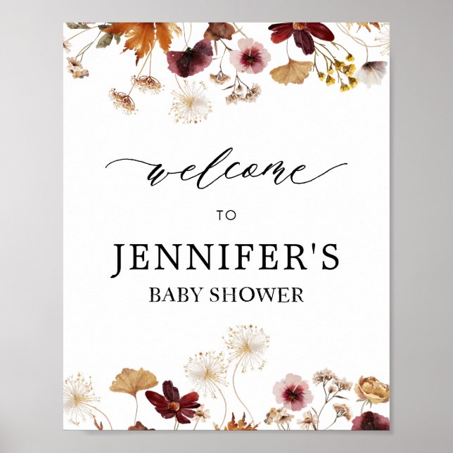 Fall Burgundy Boho Blommigt Baby Shower Välkomstsk Poster (Framsidan)