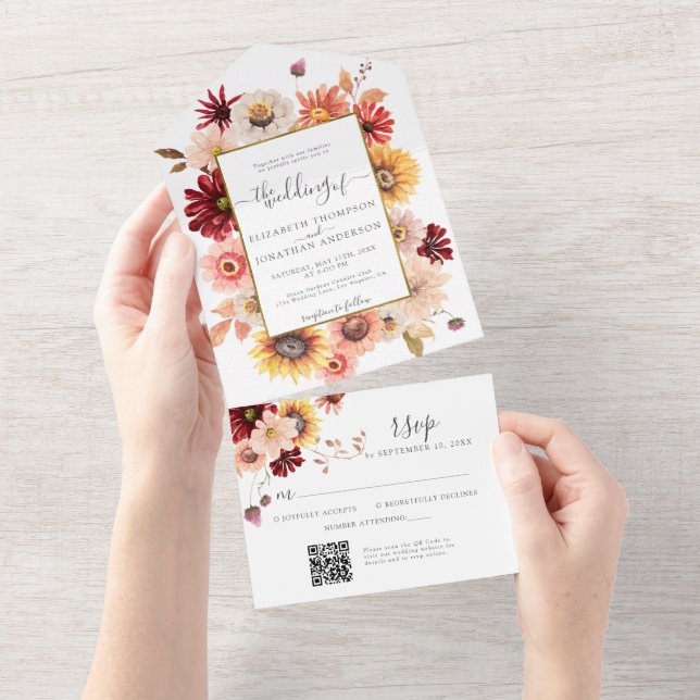 Fall Burgundy Dahlia Blommigt Guld QR OSA Bröllop (Avrivbar del)